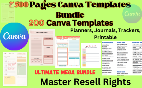 7500 Pages  Canva Template Bundle, 200 Canva  Templates, Planners, Journals, Trackers, Printable